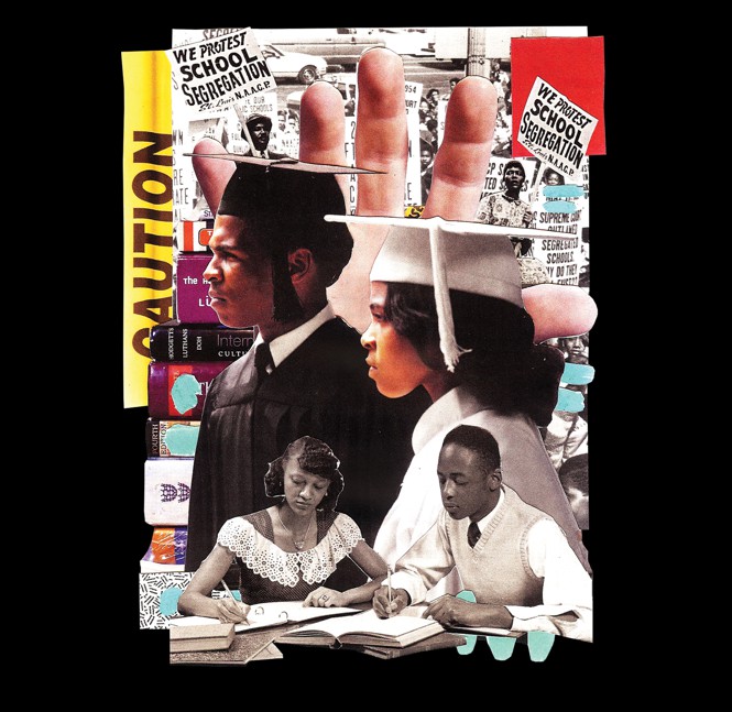 photo illustration collage with caution tape, a protest against school segregation, Black graduates in cap and gown, Black students studying