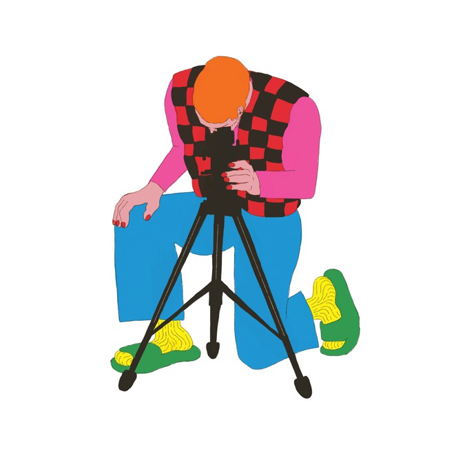 Illustration of person wearing pink shirt, red/black vest, blue pants, yellow socks, green slides kneeling behind tripod looking through camera