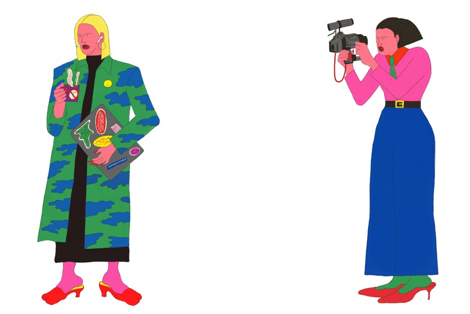 Illustration of person in green and blue coat over black dress holding laptop and coffee on left, filmed by person with pink shirt and long blue skirt on right