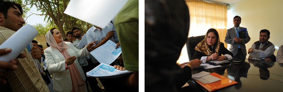 Left: a female candidate passes out campaign flyers. Right: a female politician listens to men