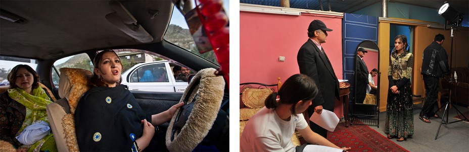 Left:  A woman in makeup drives a car. Right: A young actress on set