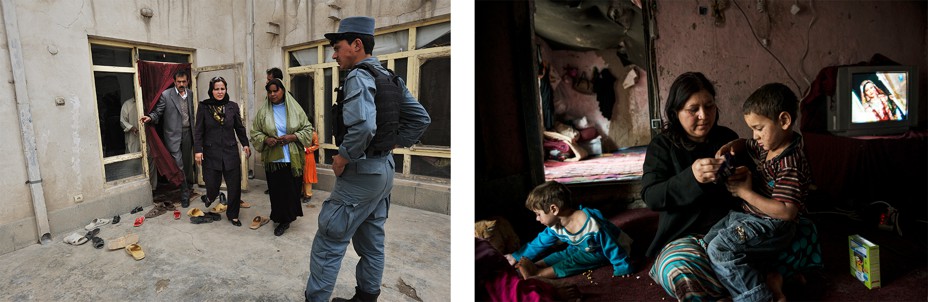 Left:  A plain clothes policewoman leaves a house with officers. Right: A woman and her children sit on the floor with a box of cereal and the tv in the background