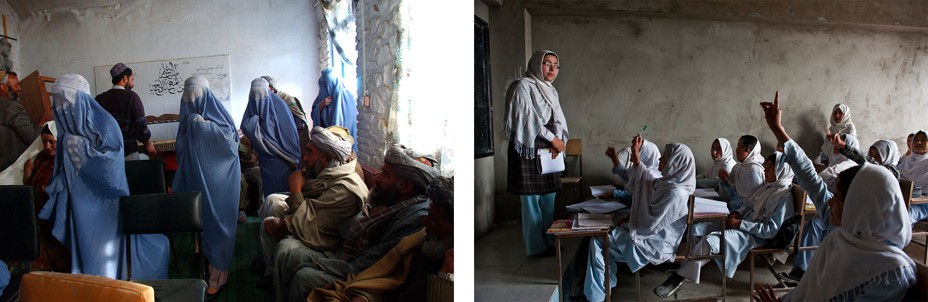 Left: Women in Burqa's file past men sitting in a room. Right: girls in a classroom