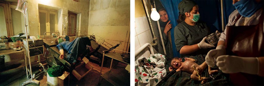 Left: A woman gives birth in a sparse hospital setting. Right: Nurses examine a newborn under a single light bulb