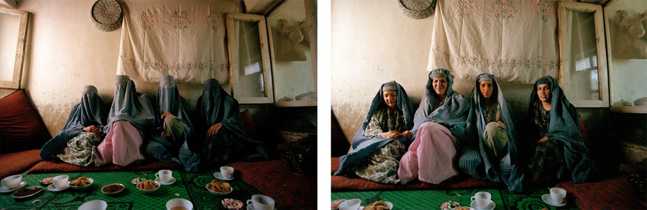 Left :women with their faces covered by a burqa. Right: same women smiling with their faces revealed.