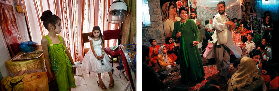 Left: Two young girls dressed up for a wedding Right:  A man and woman dance together at an underground wedding