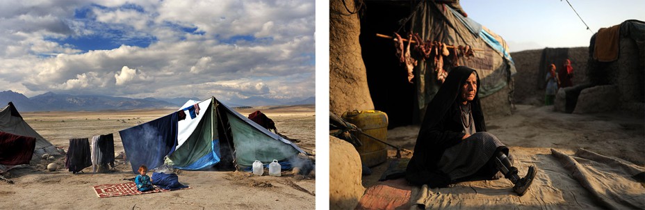 Left:  A refugee camp with a young child sitting alone. Right:  a woman injured. by a missile strike