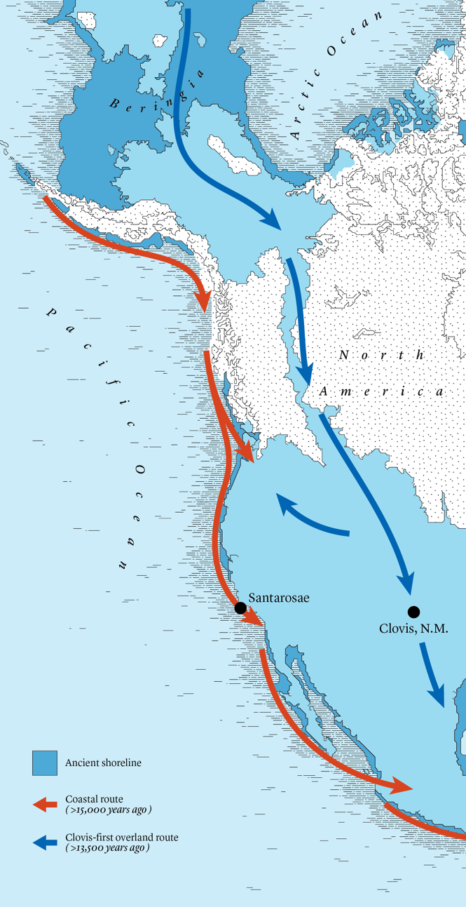 Map comparing two routes from ancient Beringia down into North America, one overland route through Clovis, NM, and a possible coastal route