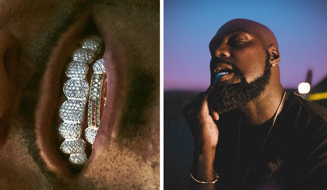 close up of gold teeth next to a man at sunset with an open mouth and closed eyes