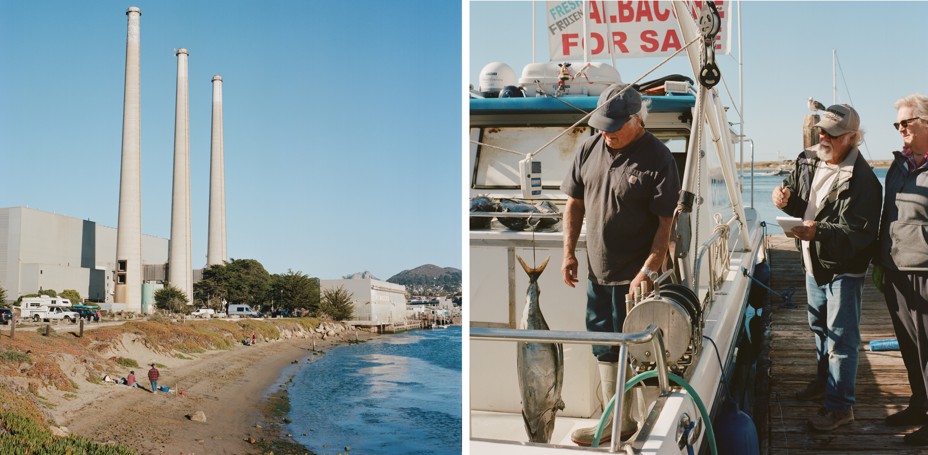 Left: The Morro Bay power plant, photographed from the Morro Bay Boardwalk. Right: A fish sale at Morro Bay Dock.
