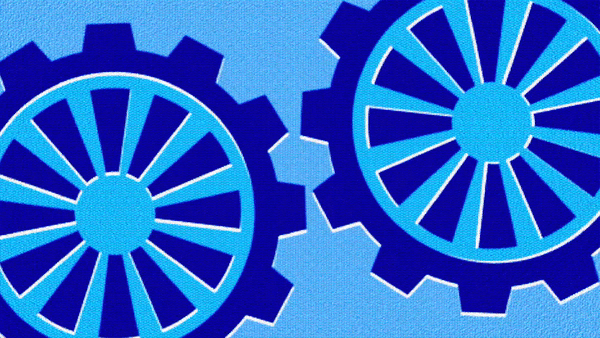 Illustration of emojis going through cogs of a machine