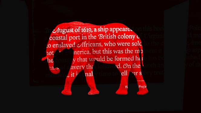 the opening lines of the 1619 Project overlaid on the body of a red elephant