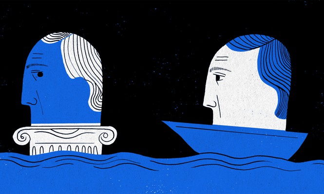 illustration of two giant heads in ships on a wavy ocean