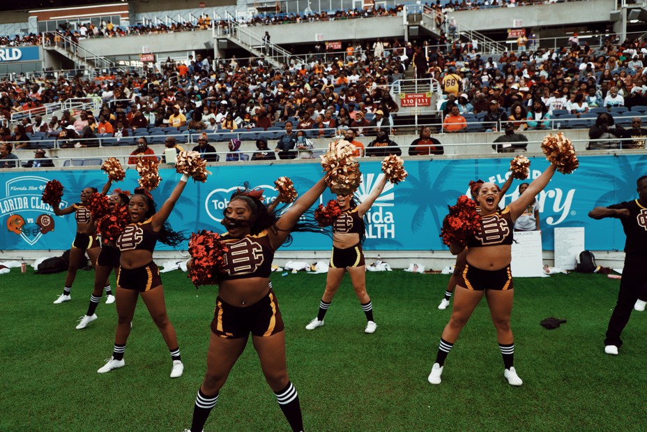Cheerleaders at a game between Florida's A&M Rattlers and Bethune Cookman's Wildcats in Orlando, Florida.