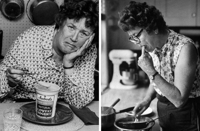 LEFT: Julia Child looks bored as she holds a dripping spoonful of diet yogurt from a pint container of Axelrod's Easy-Dieter Lowfat Yogurt which sits on kitchen table before her. RIGHT: Julia Child tastes a dish she is making at home.