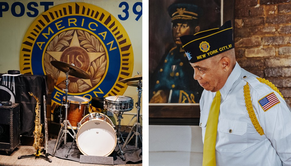 diptych: jazz band set up and a woman at a vfw club
