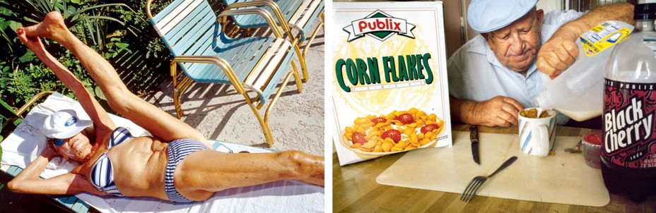 diptych: woman by the pool raising her leg, man pouring cereal in his room