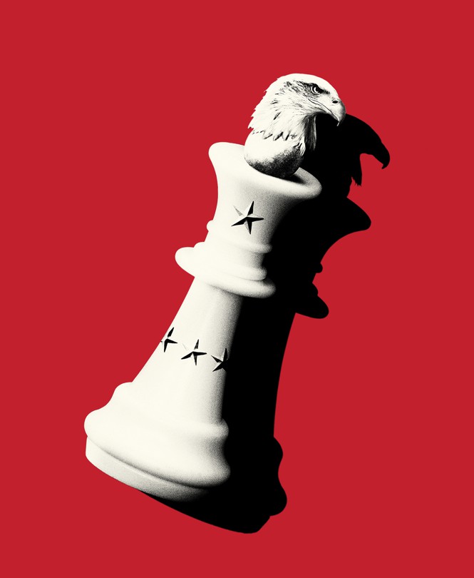 a toppled chess piece with stars and the head of an eagle casts a shadow on red background