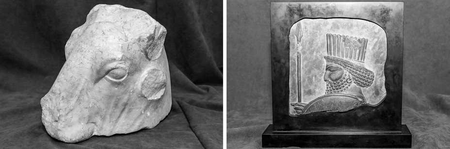 2 photos: marble sculpture of bull head, missing ears; relief sculpture of soldier in profile holding spear
