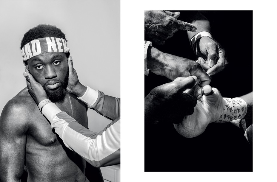 left: photo of Conwell wearing "Bad News" headband with trainer's hands rotating head toward camera; right: photo of two pairs of hands wrapping a third in tape