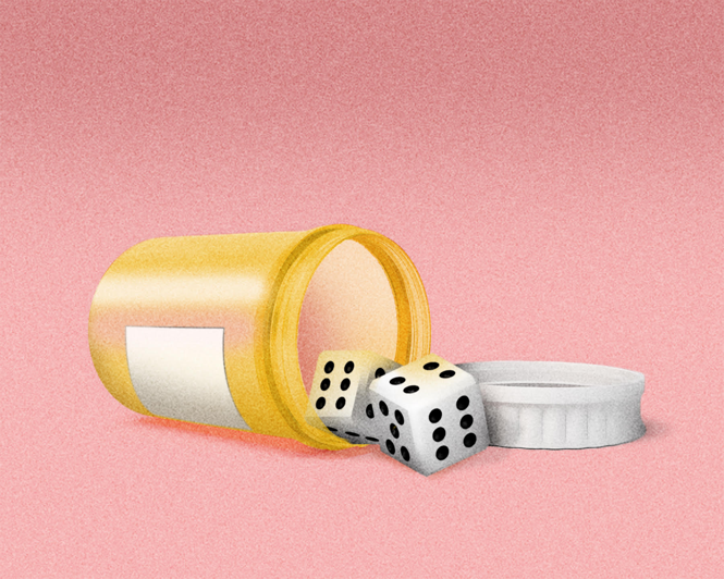 An illustration of two die falling out of a medicine container.