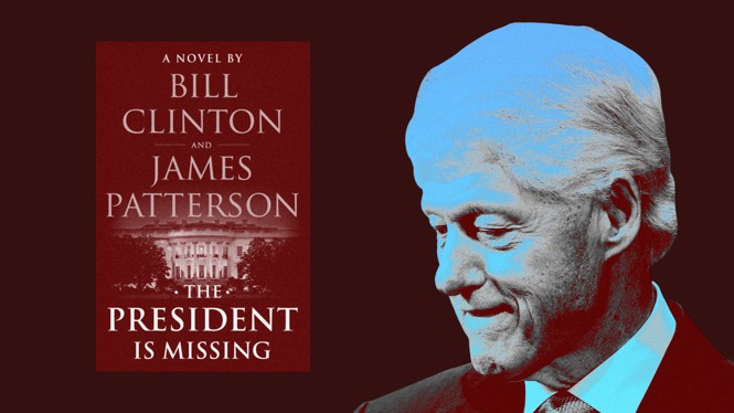 illustration of Bill Clinton next to a book cover image for