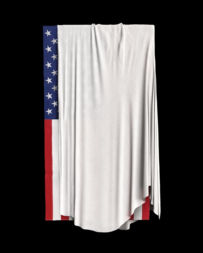 An illustration of the American flag with a white shroud draped over it