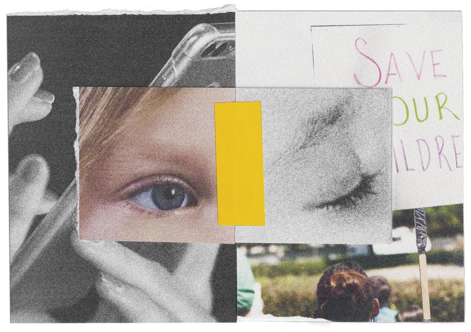 collage with color photos of child's open eye and a person holding a "Save Our Children" picket sign with black and white photos of fingers scrolling on a smartphone and child's closed eye