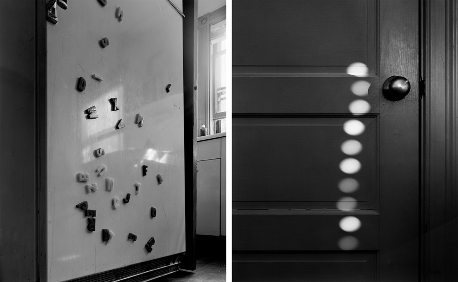 diptych: fridge with childrens alphabet magnets; a door with ten sun spots