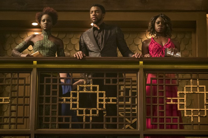 Nakia (Lupita Nyong'o), T'Challa/Black Panther (Chadwick Boseman), and Okoye (Danai Gurira) in "Black Panther"
