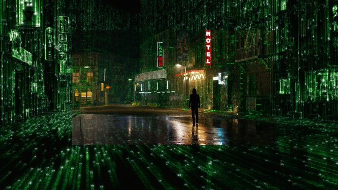 Keanu Reeves walks down a city street that is partially digitized in 'The Matrix Resurrections'