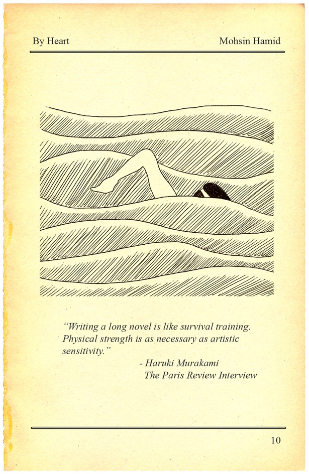 A person swimming, with a Murakami quote beneath the drawing