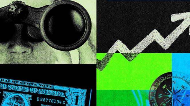 A collage of money, a person looking through binoculars, a compass, and a stock-market arrow