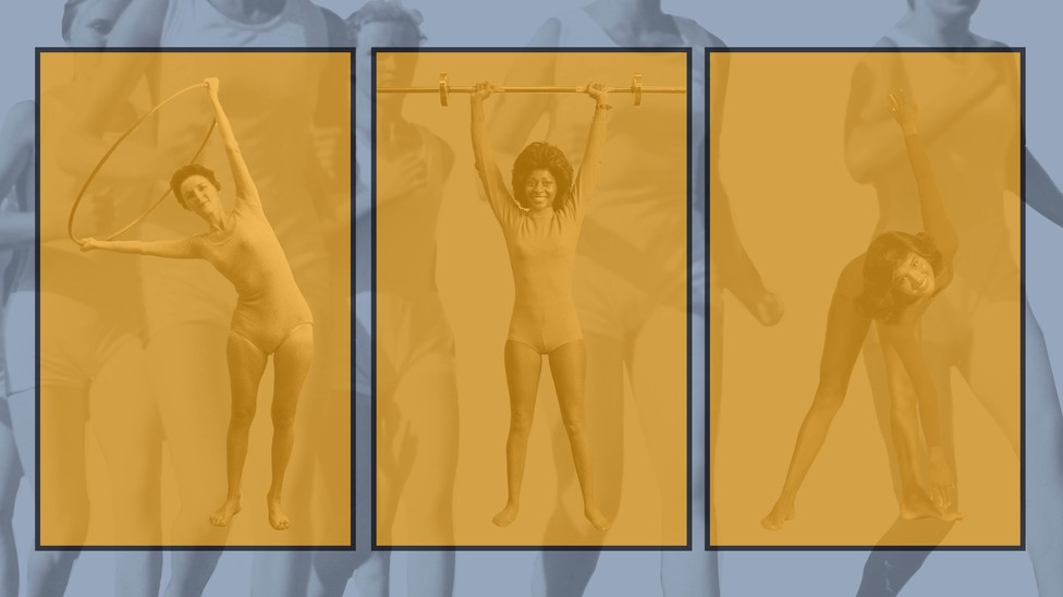 Three photos of women working out, with people running in a background photo