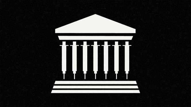 A white minimalist-cartoon rendition of the Supreme Court on a black background. The columns are made up of syringes.