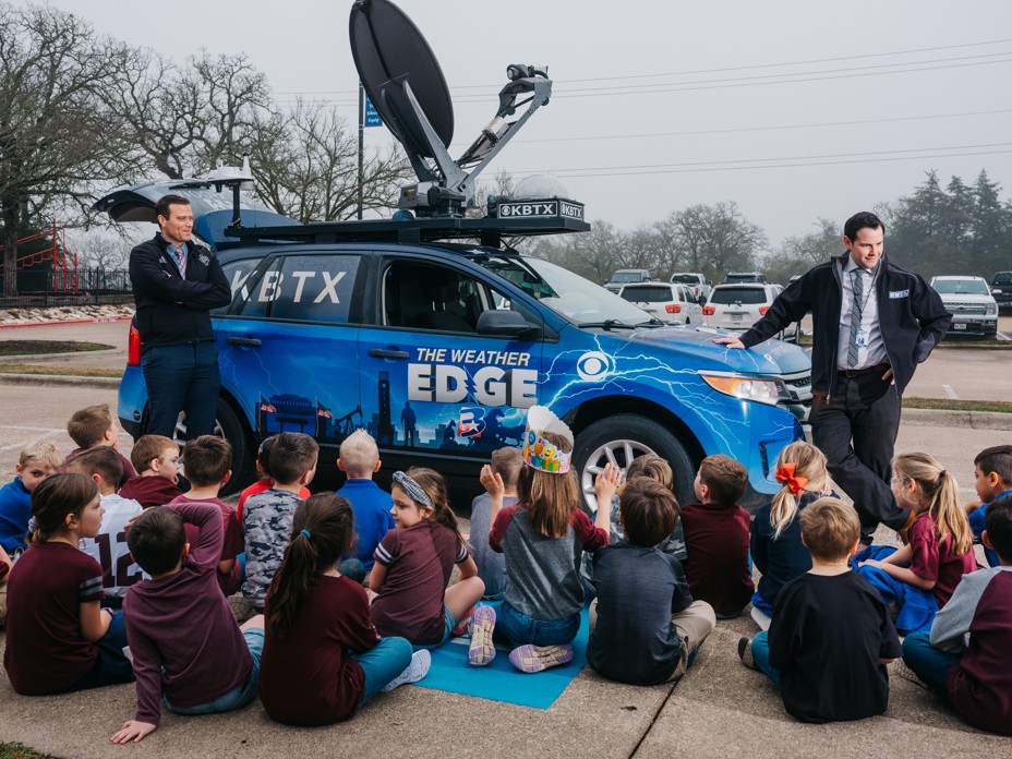 Shel Winkley, Chief Meteorologist for the PinPoint Weather Team at KBTX news staton, was seen with his coworker Max Crawford, meteorologist for Brazos Valley This Morning, to an elementary school class at Brazos Christian School in Bryan, Texas on February 2, 2022.