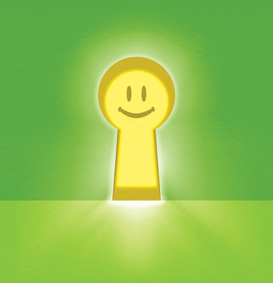 a yellow happy face forms the top round part of a keyhole glowing on a green background