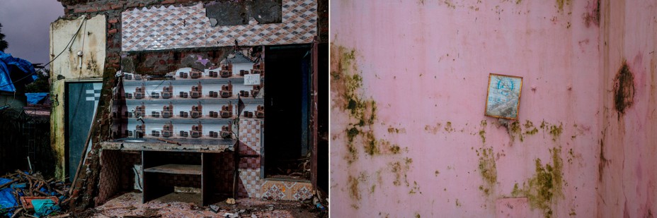 Left: A ruined house in Bharat Nagar in Chembur where a landslide led to multiple deaths. Right: A detail image from a house that collapsed because of flooding in Vikhroli.