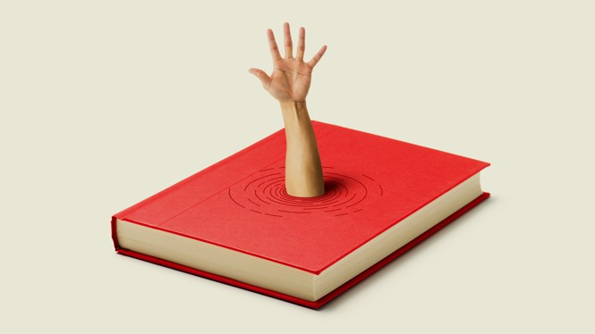 Illustration of hand reaching out from a red book