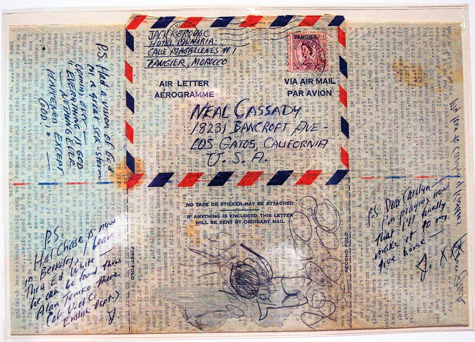 a stamped air-mail letter from Morocco addressed to Neal Cassady in California, densely typewritten on reverse and scrawled with handwritten notes and sketches