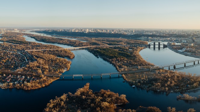 Aerial view of the city of Kiev and its rivers and nature.