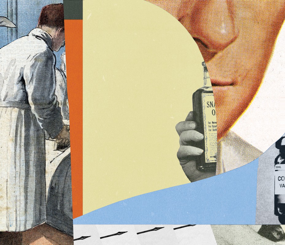 collage with vintage images of doctor in white coat, medicine bottles, man's face