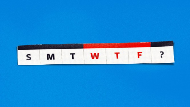 An illustration of a weekly calendar, with each day represented by its first letter and the letters "WTF" highlighted in red