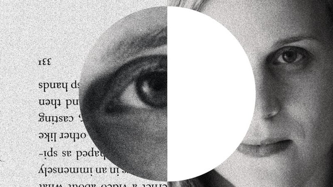 A black and white picture of Lauren Groff's face with her eye superimposed over the portrait and a page of text.