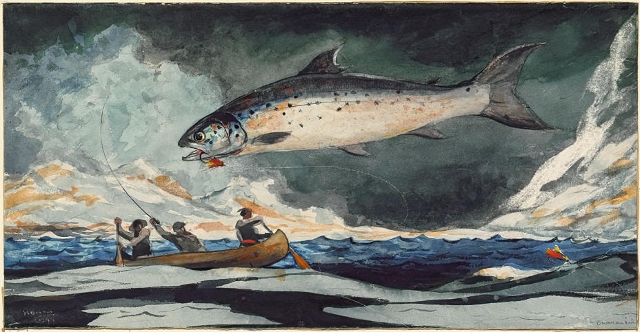 Winslow Homer painting of two people paddling a canoe in distance with third person casting a fishing line; a leaping salmon with red lure and hook in mouth fills the foreground