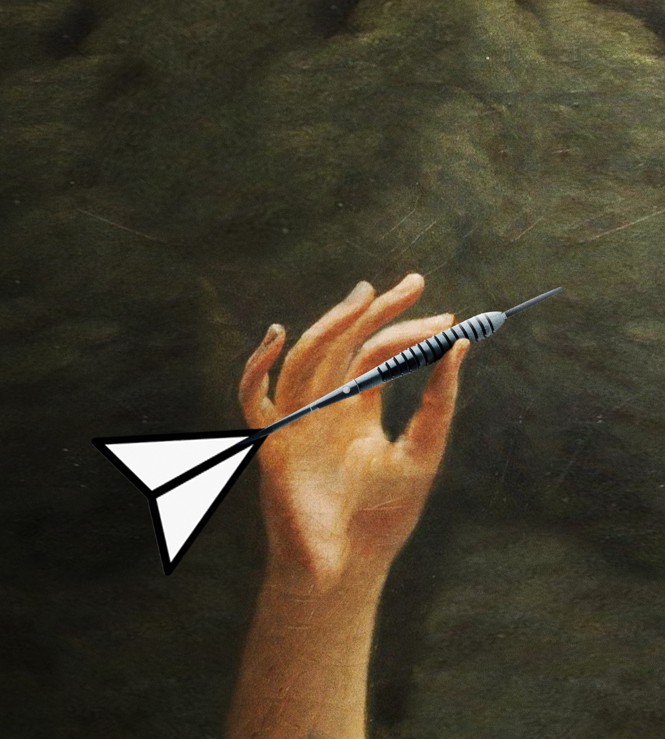illustration with detail from 19th-century painting of hand holding dart with an email "send" logo in place of its flights