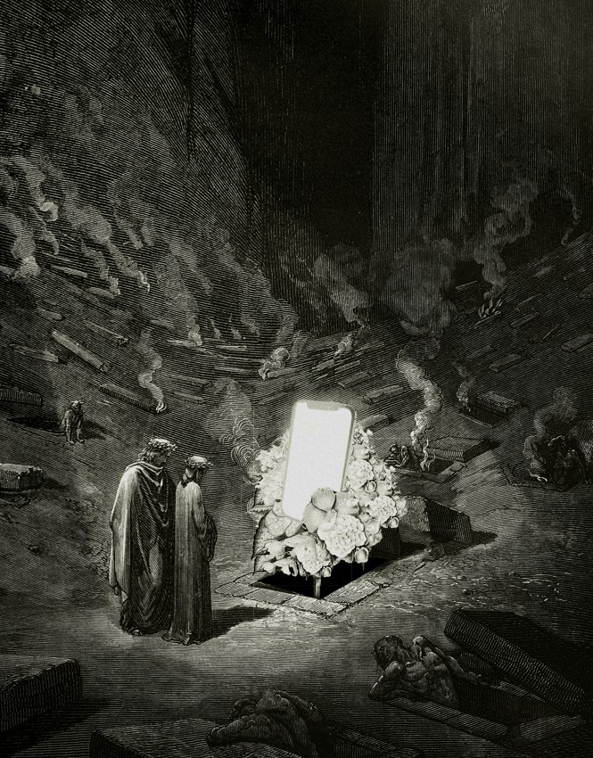 illustration with 1861 engraving of the arch-heretics from Dante's "Inferno" with two people looking at glowing smartphone screen surrounded by people climbing out of tombs with fires smoking and city wall in background