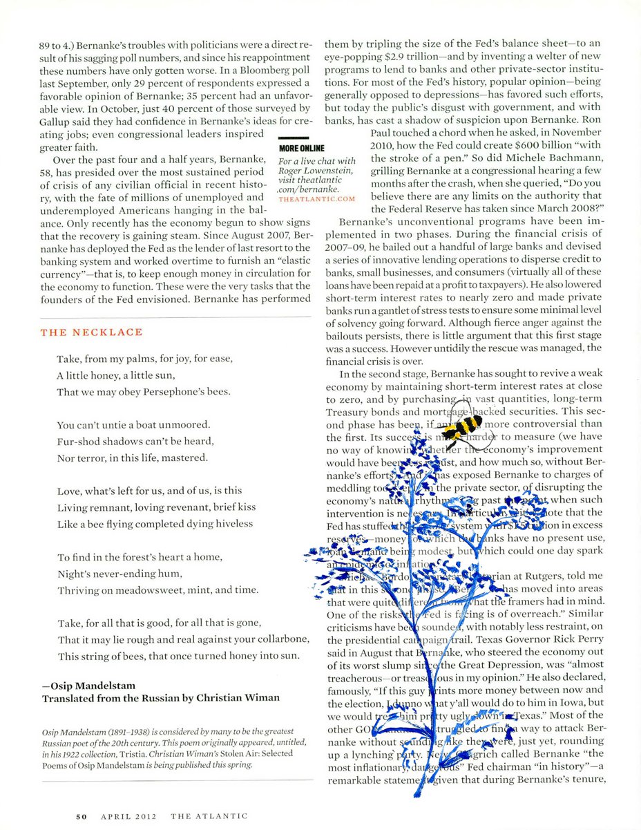 A pdf of the original page in The Atlantic, with a blue tree painted on and a honey bee flying away from it