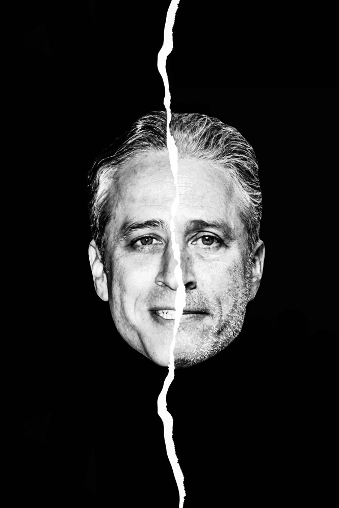Two torn pieces of a young and older Jon Stewart creating a singular portrait of him. 