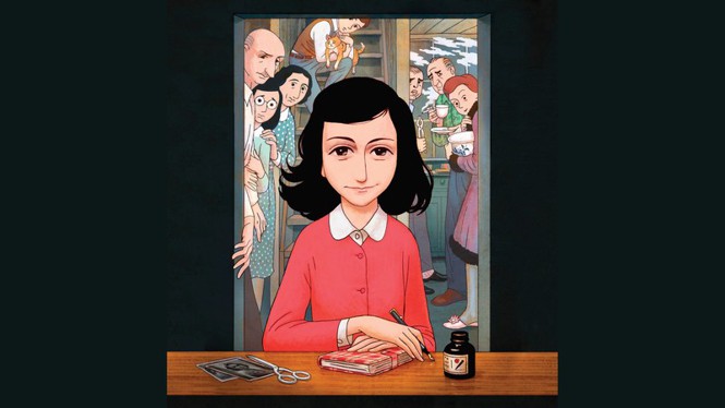 A cartoon drawing of Anne Frank with her family in the background